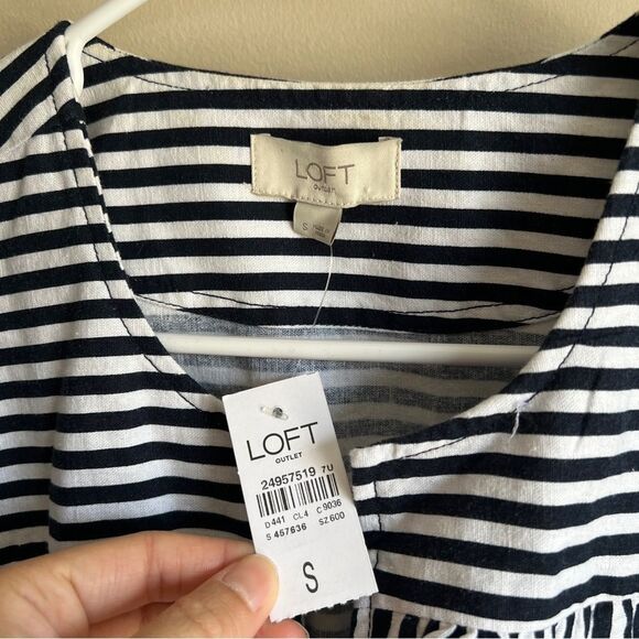 Loft Navy Blue White Striped Tiered Linen Blend Bell Sleeve Jacket NWT - Picture 2 of 5